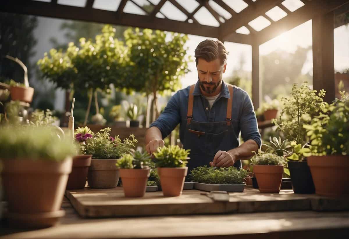 A gardener tending to plants, tools nearby. DBS Check form on a table. Garden setting with sunlight and greenery