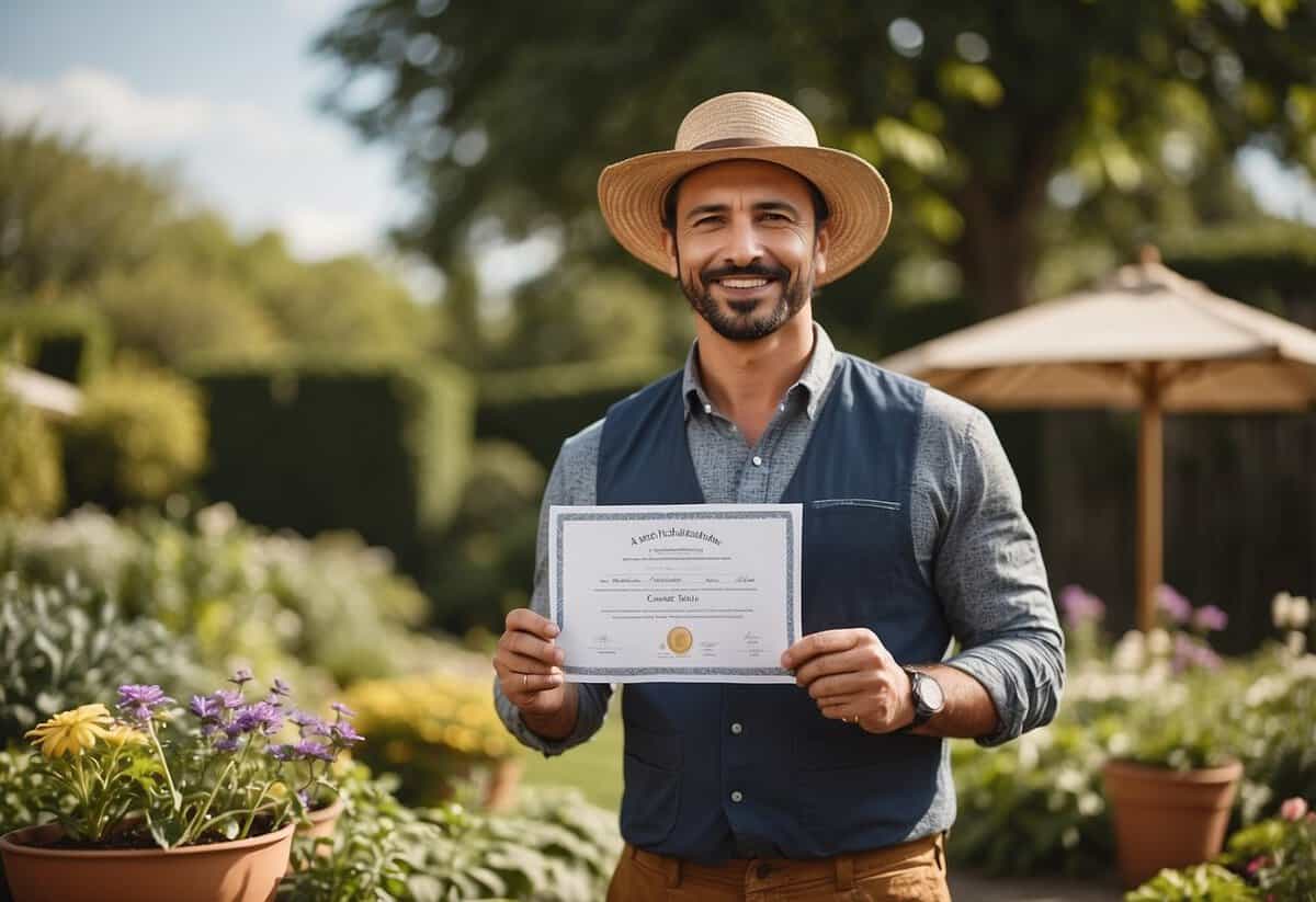 A gardener holding a DBS certificate while working in a garden