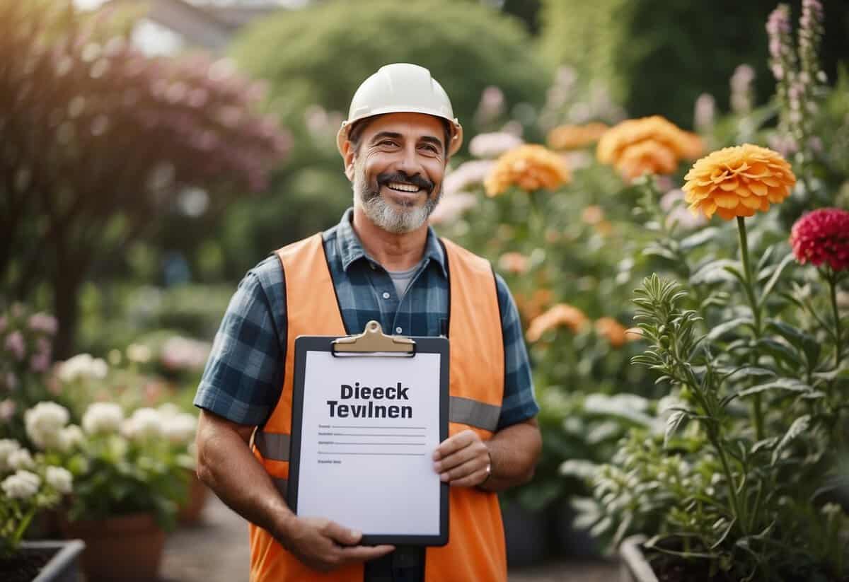 A gardener holding a shovel and a plant, standing in front of a garden bed with various flowers and plants. A clipboard with "DBS Check" written on it is visible in the background