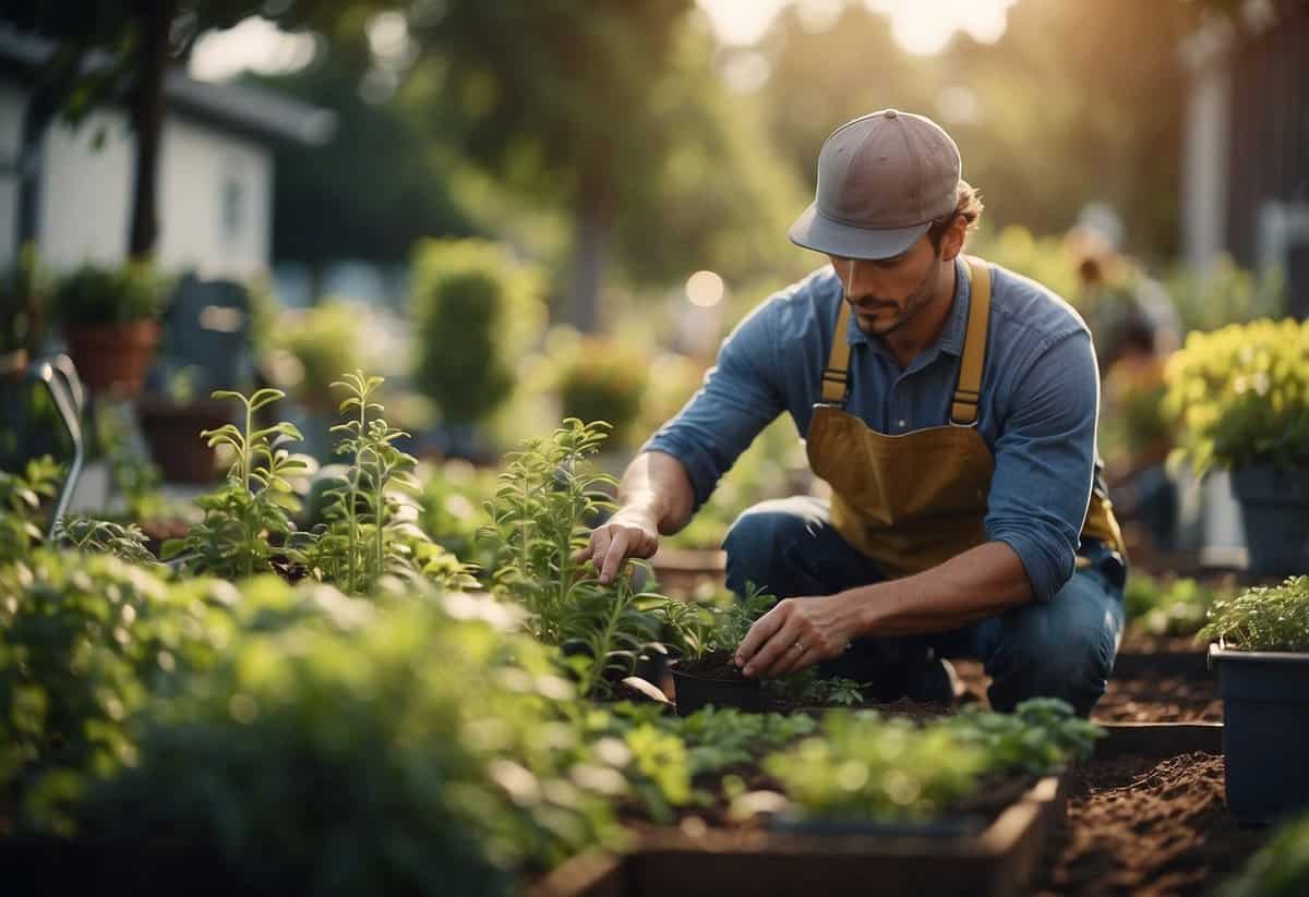 Gardeners tending to plants, with a background check form and a question mark hovering above