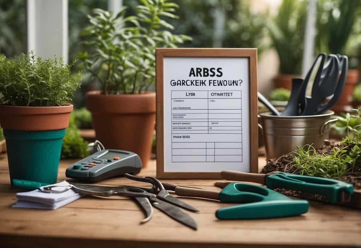 Garden tools and paperwork on a table, with a sign asking "Are gardeners DBS checked?" Next steps flowchart on the wall