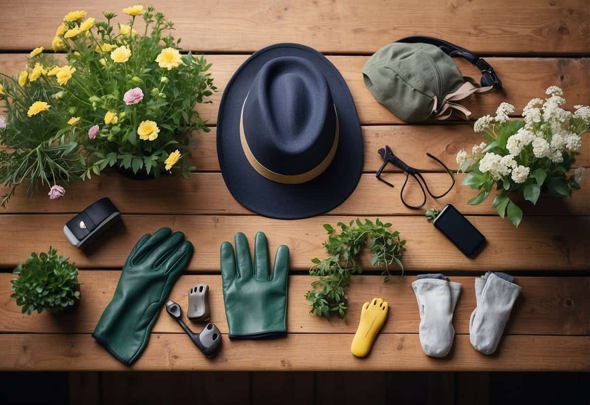 A gardener's gift scene: Tools, gloves, hat, and knee pads laid out on a wooden table, surrounded by blooming flowers and lush greenery