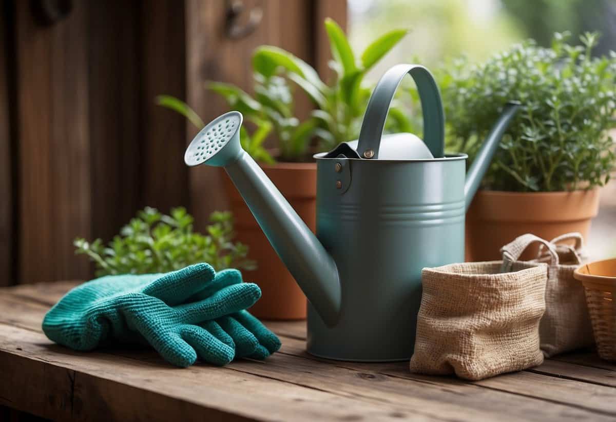 A watering can, gardening gloves, potted plants, and a bag of fertilizer arranged on a rustic wooden table