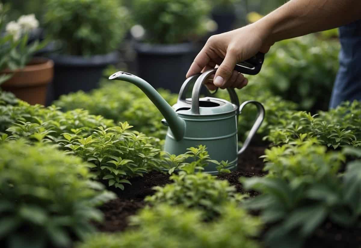 Lush green plants thrive in a well-tended garden. Pruning shears, watering can, and fertilizer are essential tools. A gardener's delight