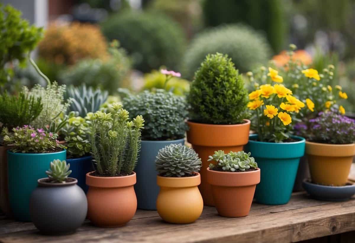 A neatly arranged garden with colorful pots, a variety of plants, and decorative ornaments. A gardener's favorite gifts include tools, seeds, and personalized garden decor