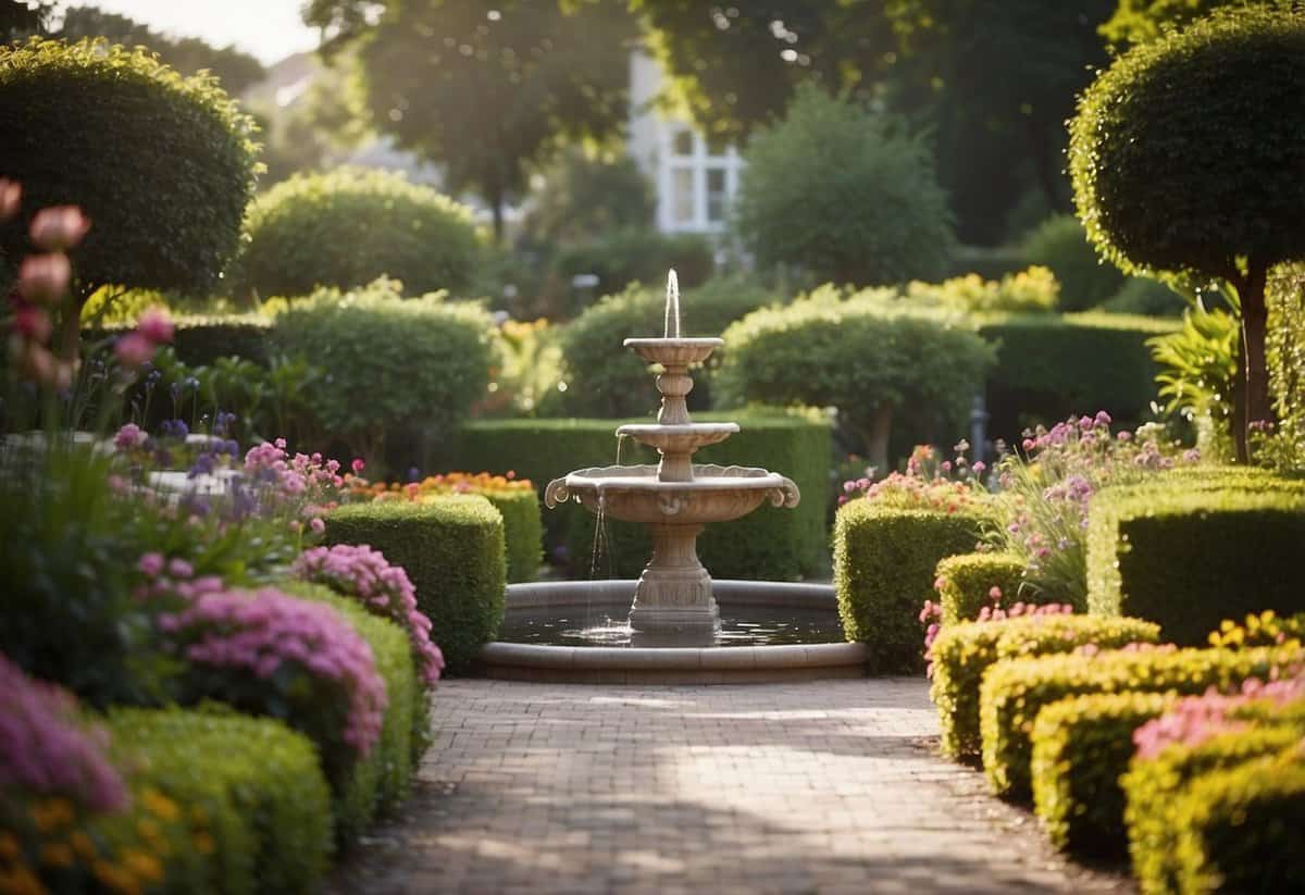 A lush garden with colorful flowers, neatly trimmed hedges, and winding pathways. A small fountain glistens in the sunlight, surrounded by cozy seating areas