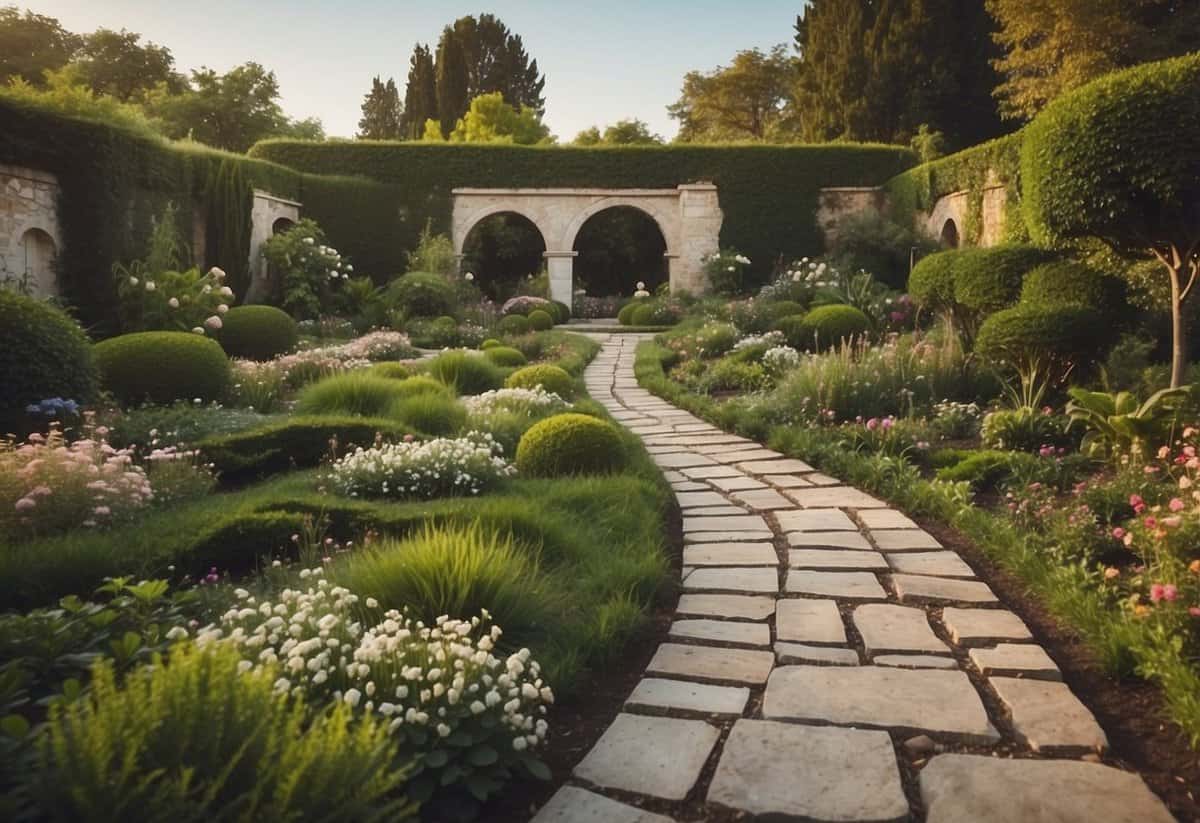 A garden split in half, one side with concrete paths, walls, and structures (hardscape), the other with lush greenery, flowers, and trees (softscape)