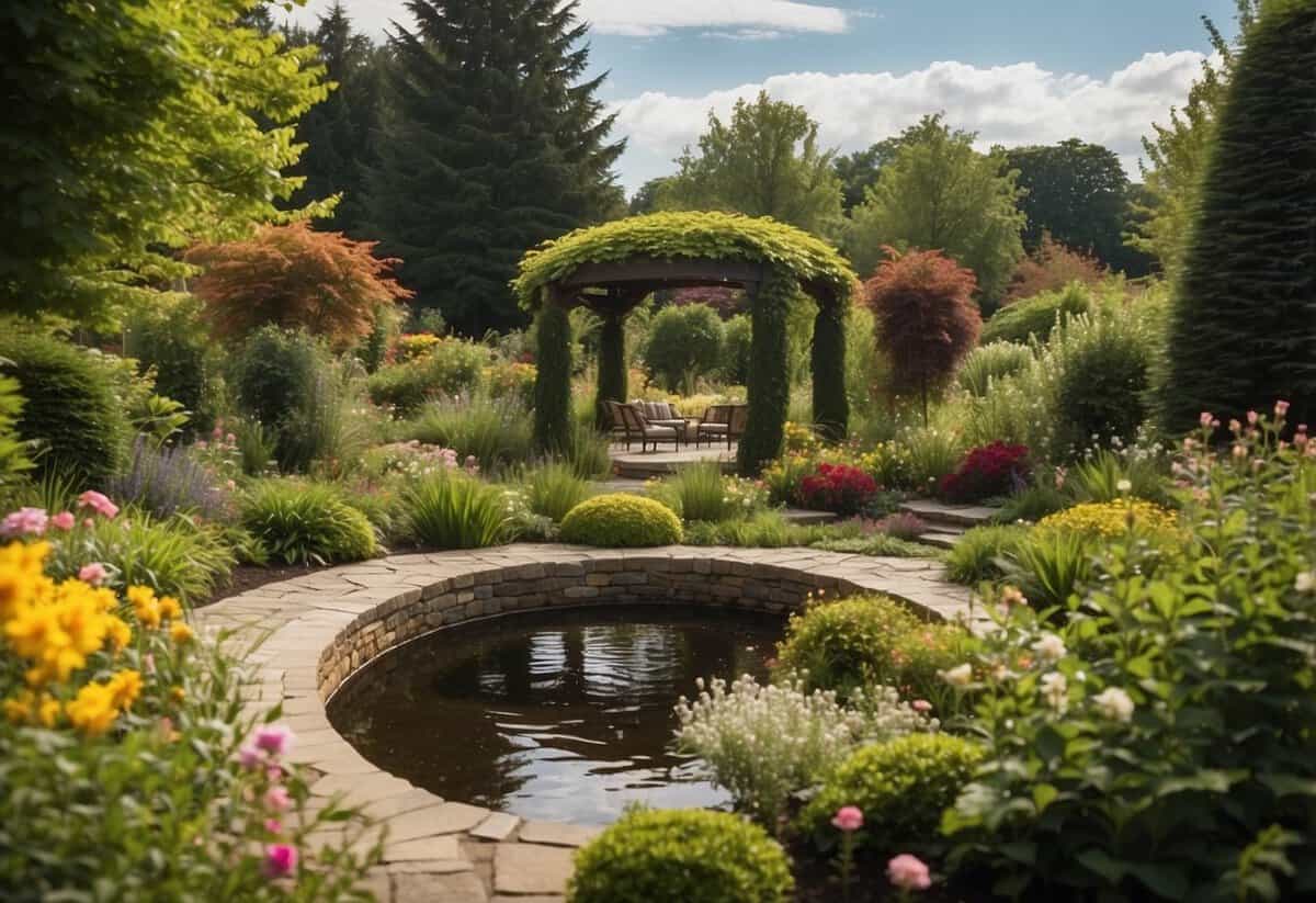 A lush garden with a variety of features, including a pond, pergola, and winding pathways, surrounded by vibrant flowers and greenery