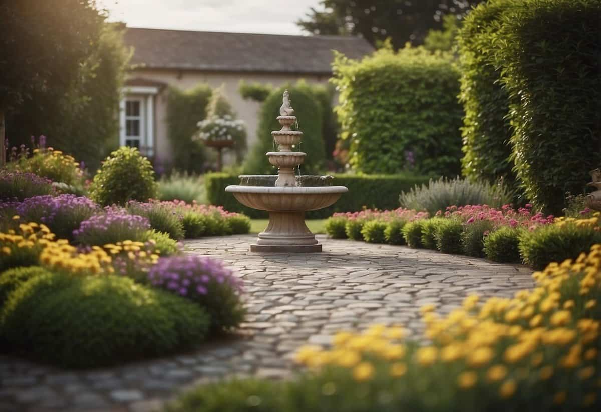 A well-kept garden with colorful flowers, neatly trimmed hedges, and a winding stone path leading to a cozy seating area. A small fountain adds a tranquil touch to the peaceful outdoor space