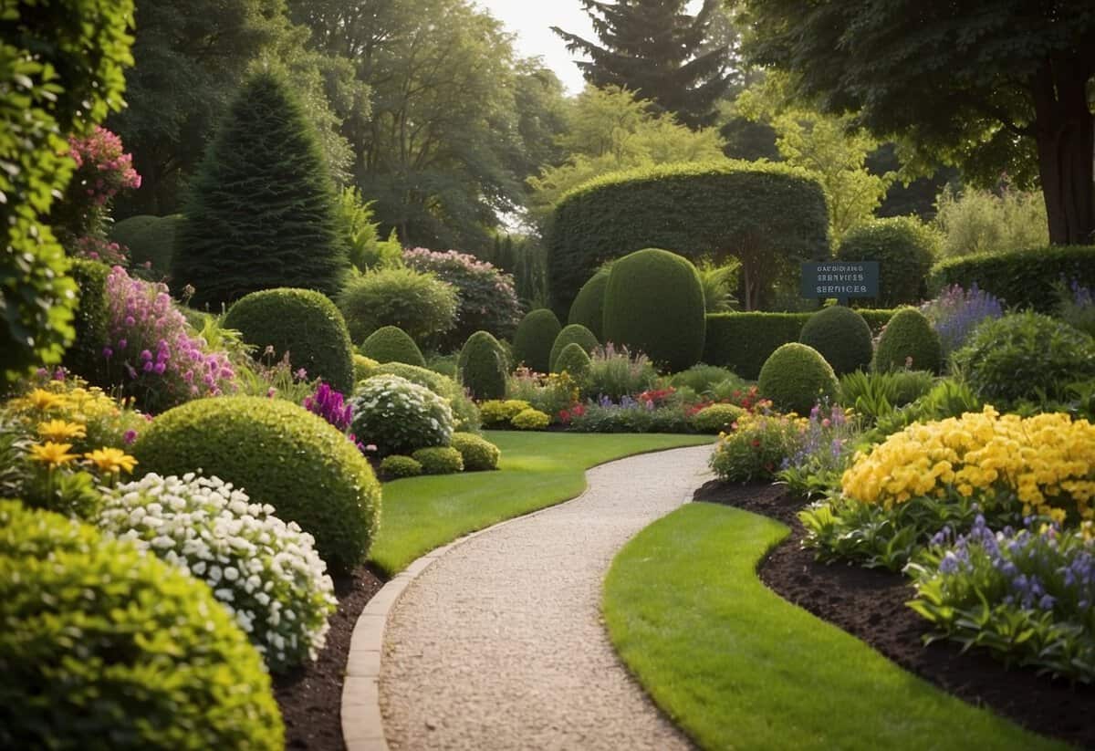 A lush garden with neatly trimmed hedges, colorful flowers, and well-maintained lawn. A sign reads "Gardening Services" with contact information