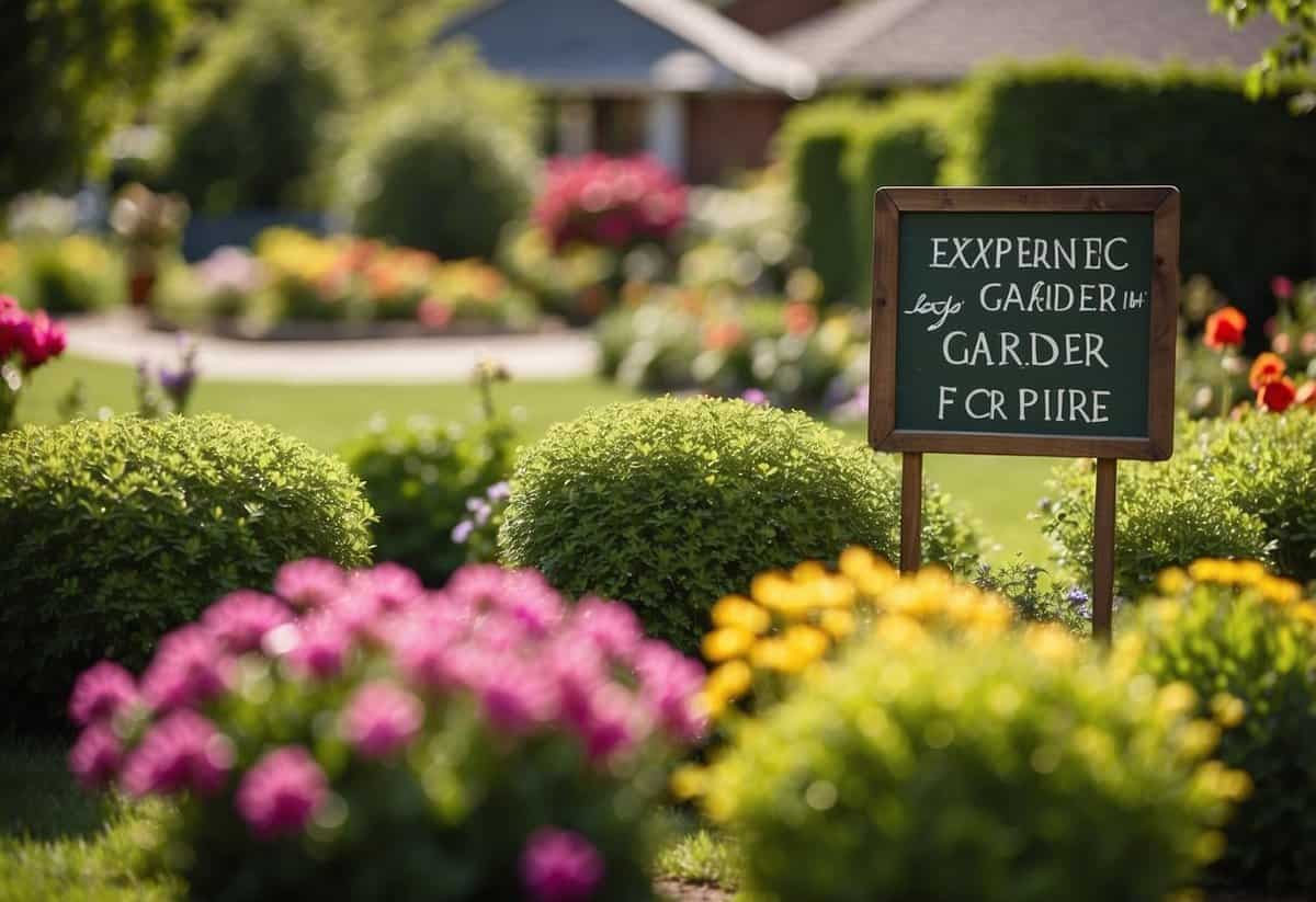 A sunny backyard with neatly trimmed hedges, colorful flowers, and well-maintained vegetable beds. A sign reads "Experienced Local Gardener for Hire."