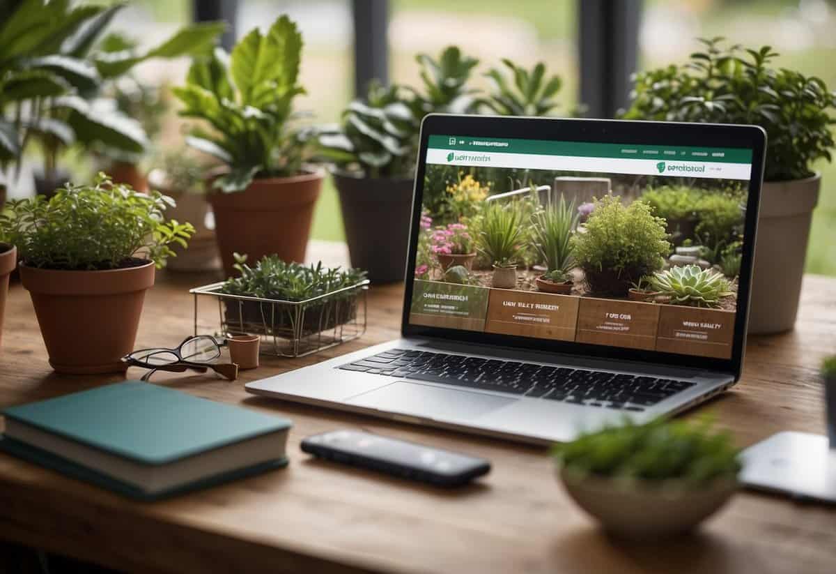 A person searching online for local gardeners, comparing costs and insurance options