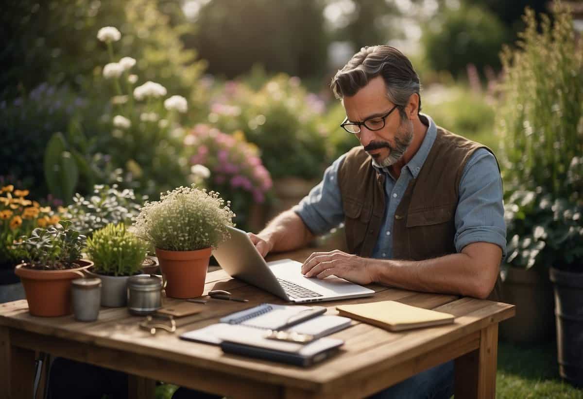 A local gardener researching online, surrounded by gardening tools and seed packets, with a notebook and pen to jot down notes