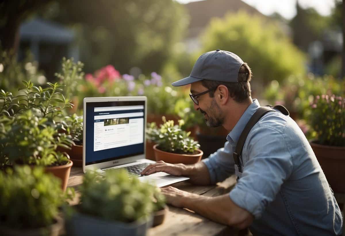 A person searches online for local gardeners, reads reviews, and contacts potential candidates for hire