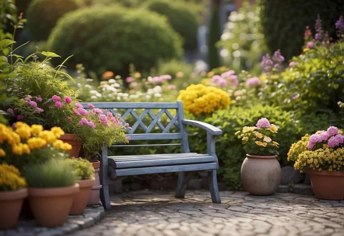 A small garden with colorful flowers, winding pathways, and a cozy seating area. A price tag and a calculator on a table