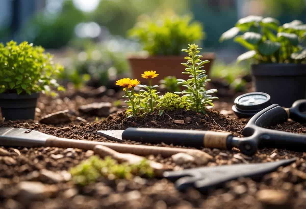 A small garden with tools, plants, and materials scattered on the ground. A price list for landscaping services is displayed nearby