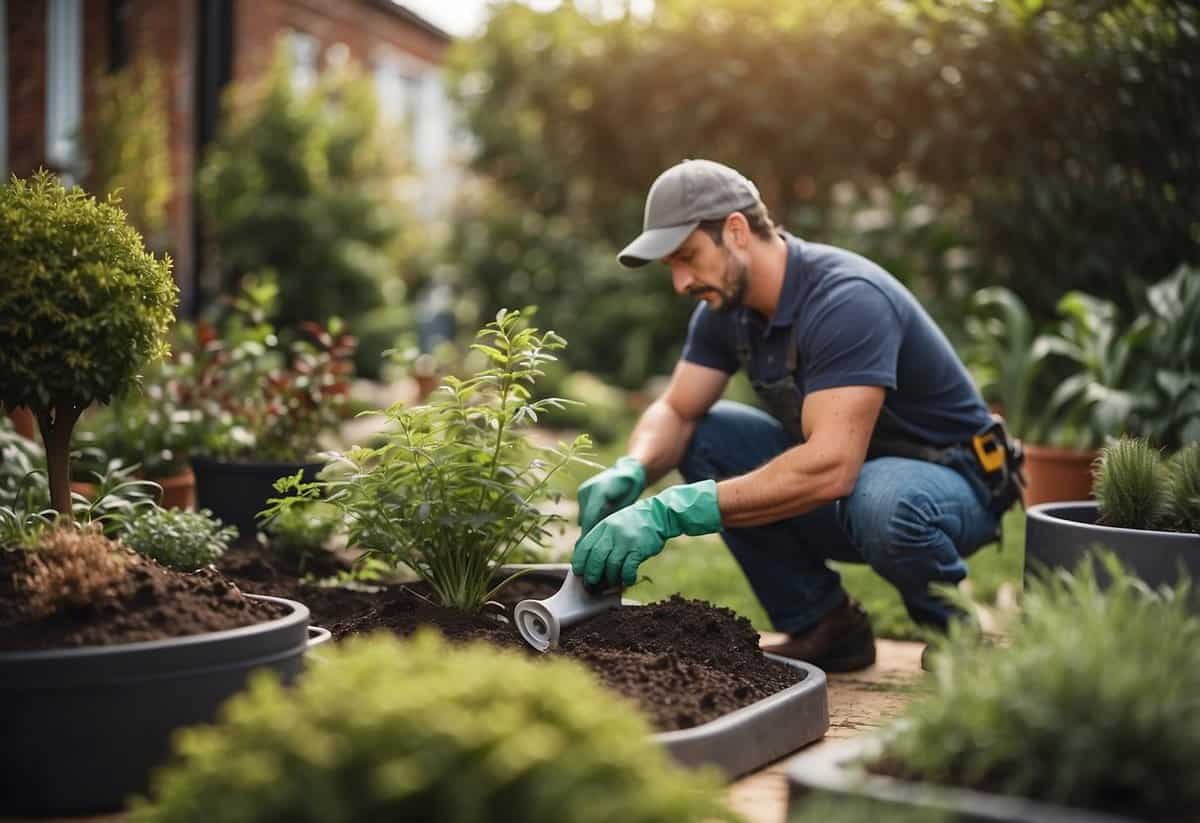 A small garden being transformed with plants and features, tools scattered, and workers installing landscaping elements