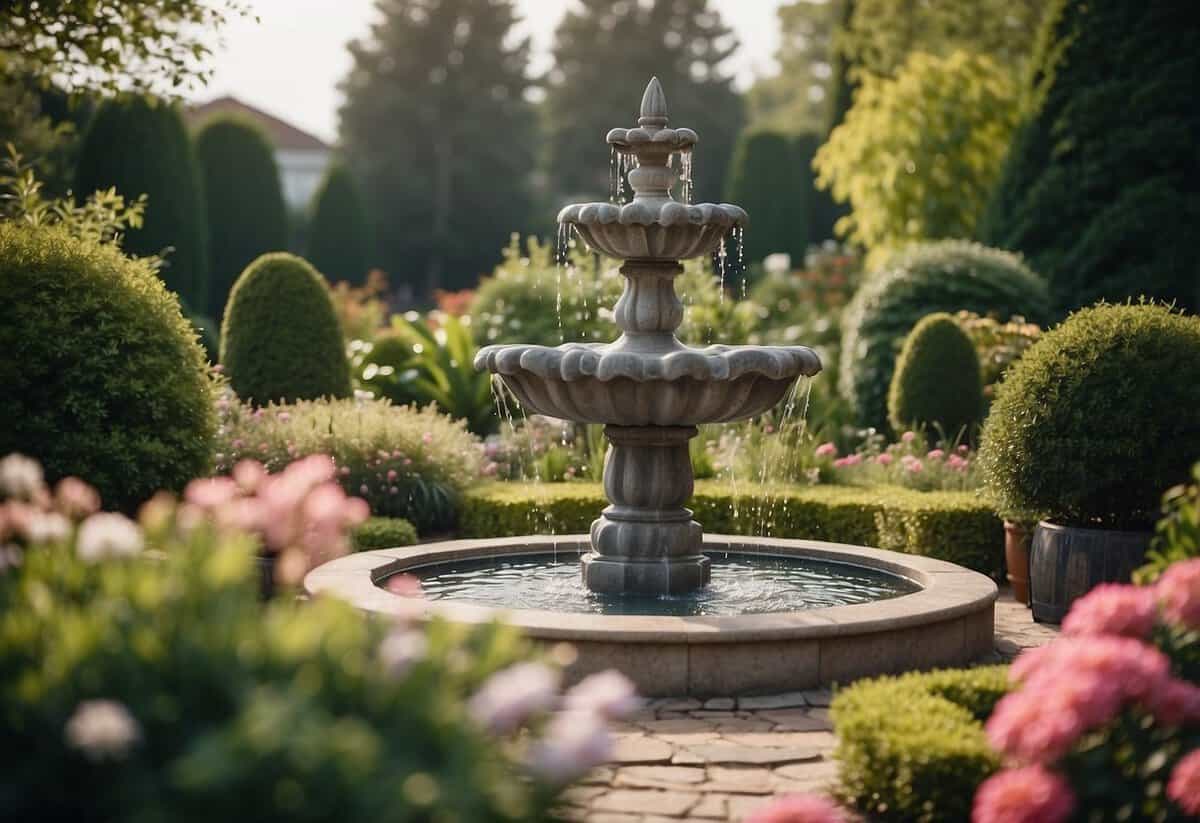 A small garden with a variety of additional features, such as a fountain, pathway, flower beds, and seating area