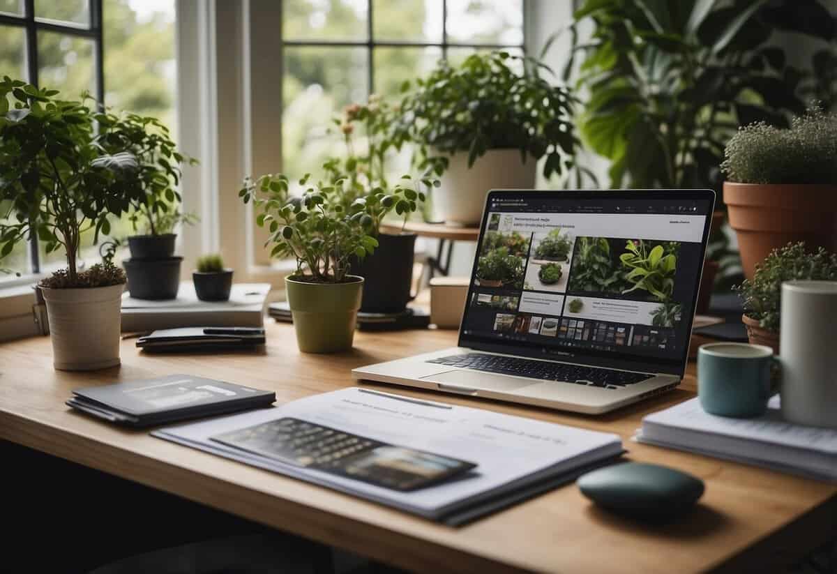 A garden designer's workspace with a desk, computer, drafting tools, plant catalogs, and design books