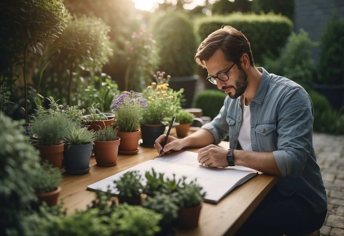 A garden designer researching plants, sketching layouts, and creating mood boards for a portfolio