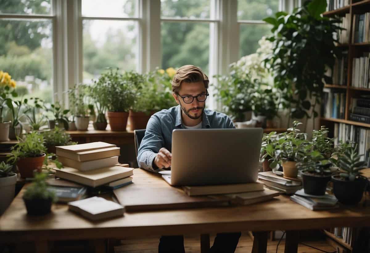 A garden designer researching qualifications and business acumen, surrounded by books, plants, and a computer