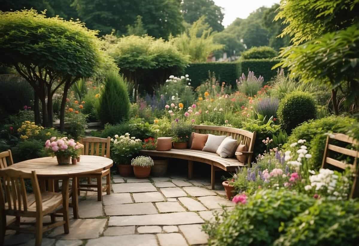 A garden designer's workspace: A peaceful garden with colorful flowers, lush greenery, and carefully placed pathways and seating areas, reflecting creativity and artistic vision