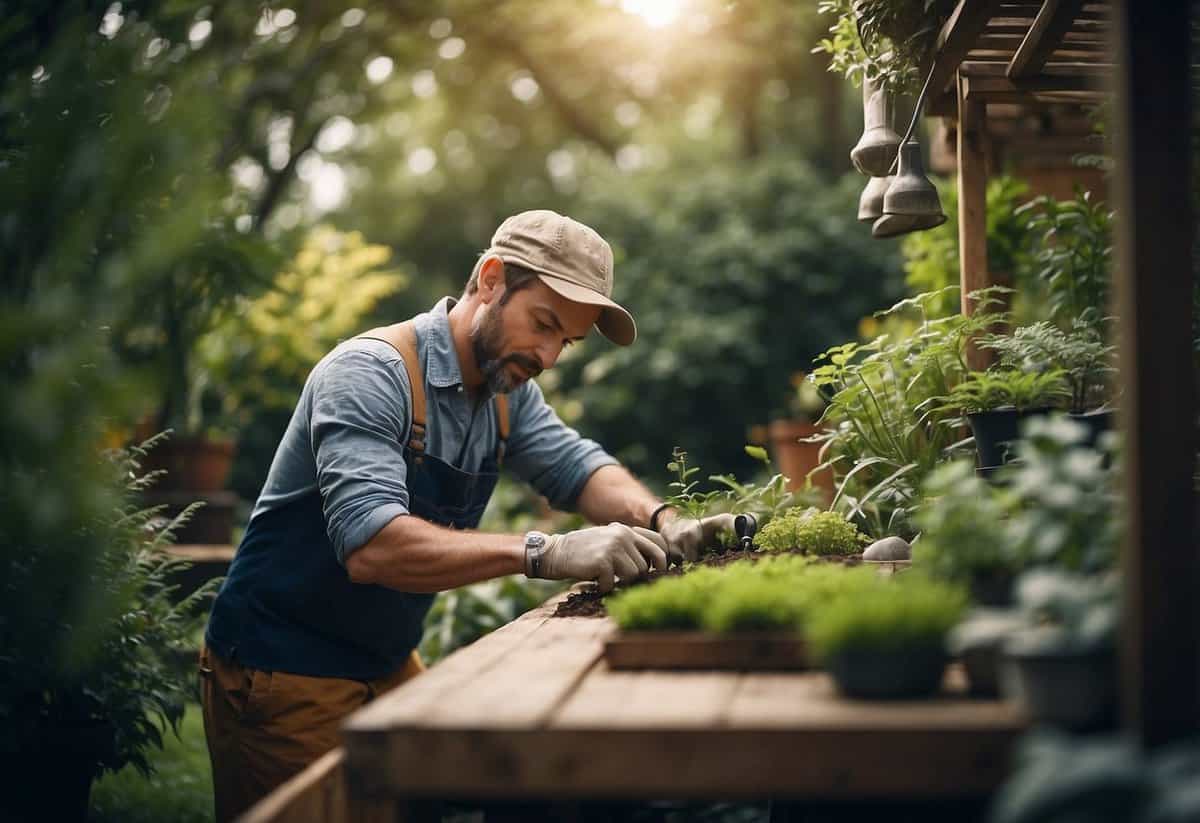 A garden designer working outdoors, surrounded by plants and tools, creating a beautiful landscape design