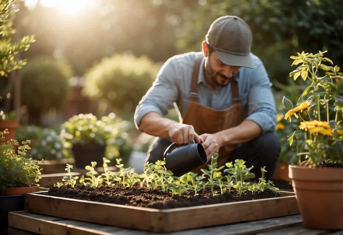 A gardener planting seeds in a raised bed, surrounded by various gardening tools, with a watering can nearby