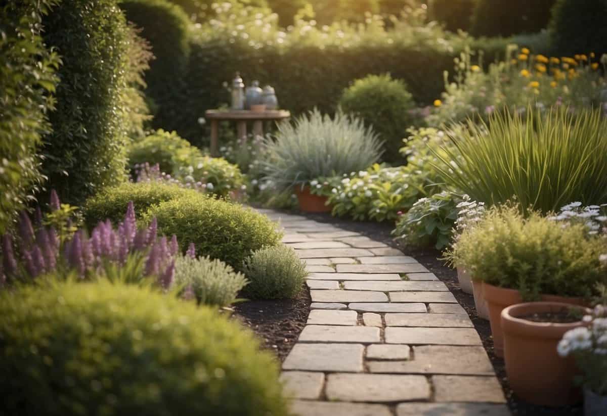 A garden pathway with tools, plants, and a guidebook for NVQ Level 1 in gardening