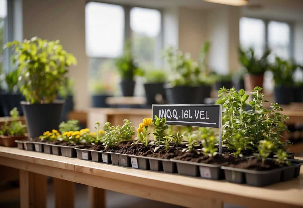 A garden with various plants and tools, a sign labeled "NVQ Level 1 in Gardening" displayed on a classroom wall within a educational institution