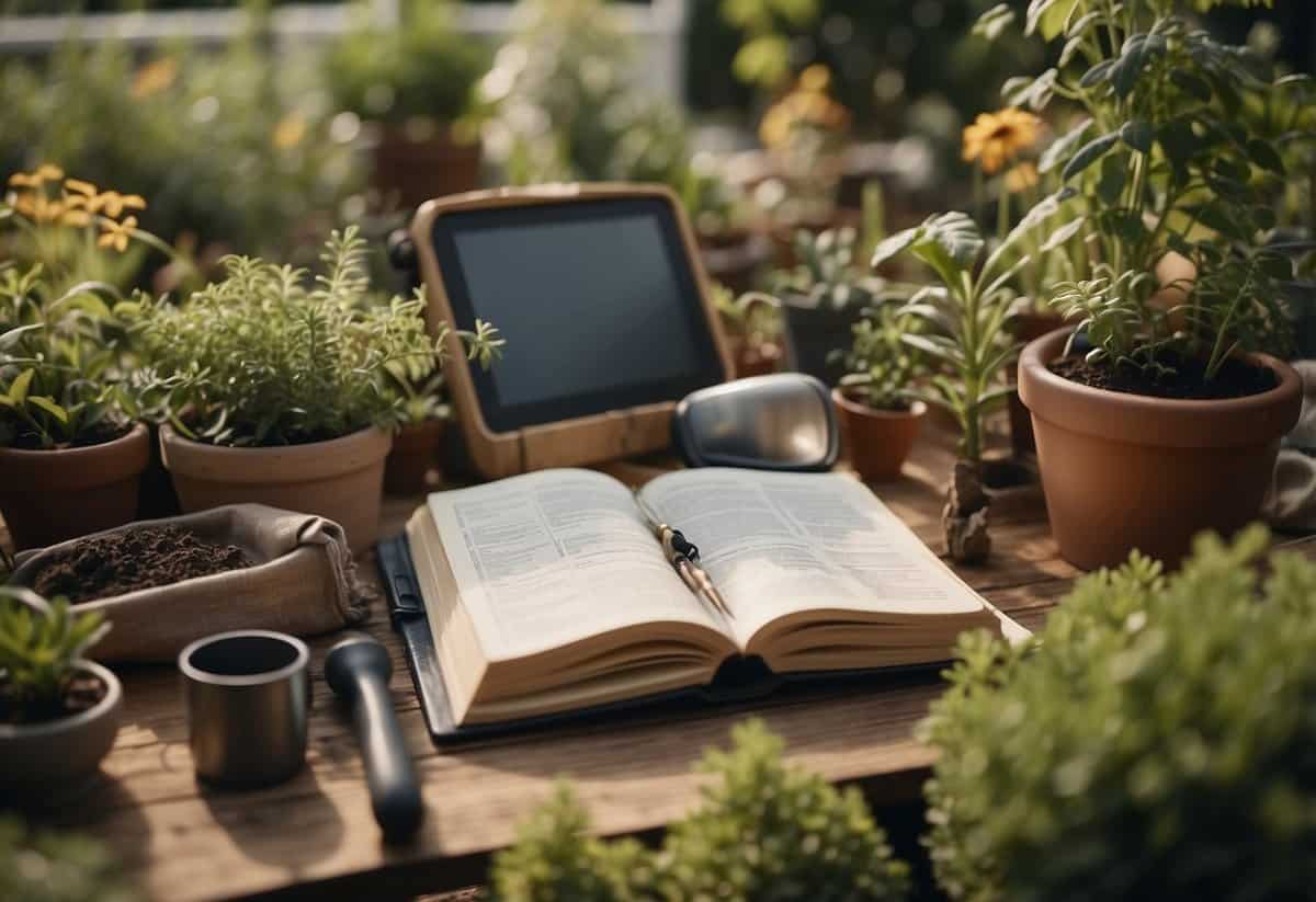 A garden with tools, plants, and a workbook. A person is learning and practicing gardening skills