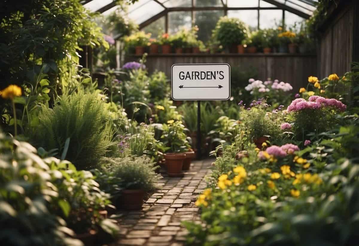 A lush garden with various plants and flowers, a small greenhouse, and a sign displaying "Garden's Potential" with a question mark