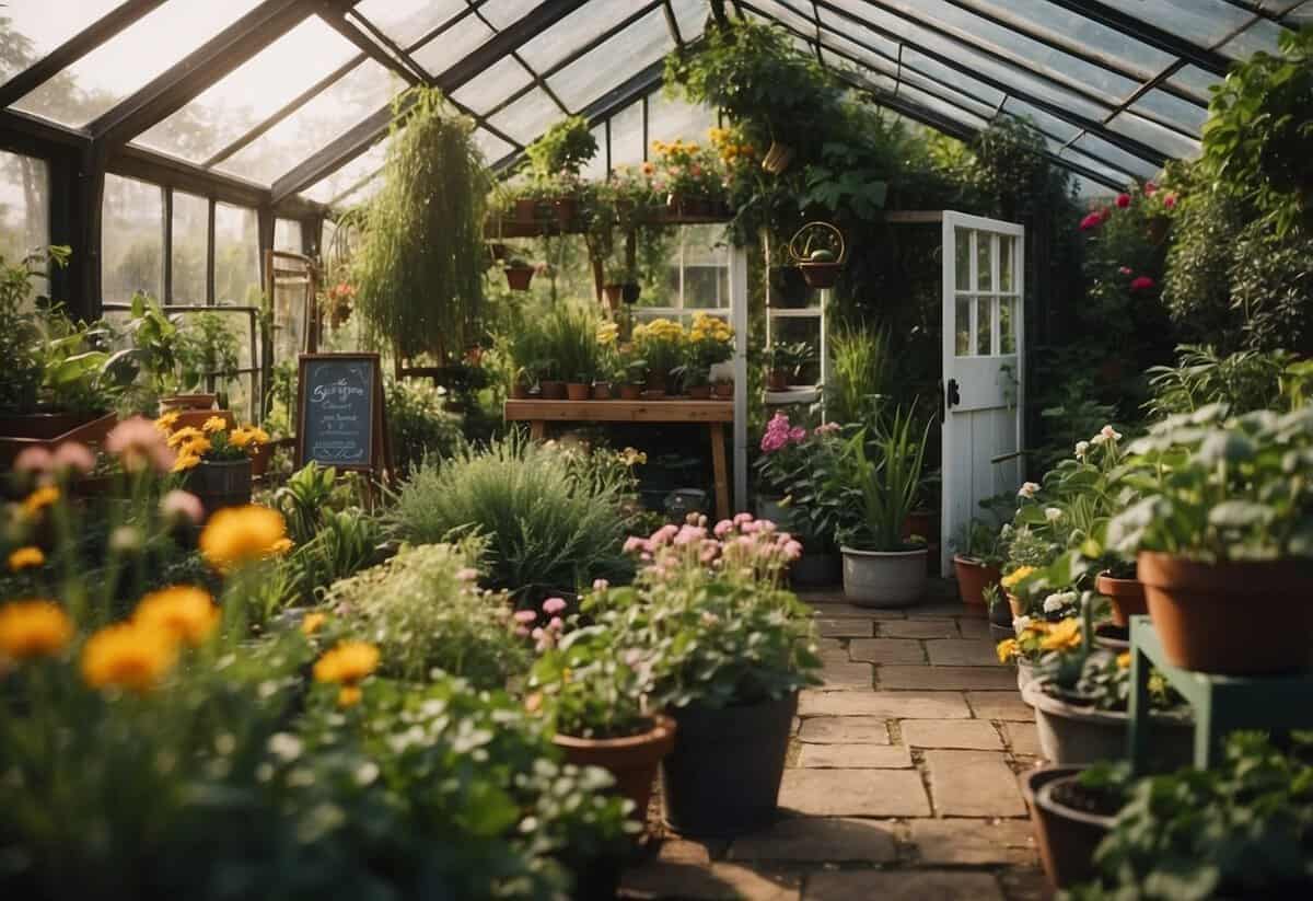 A lush garden with various plants and flowers, a small greenhouse, and a sign advertising garden workshops and produce for sale