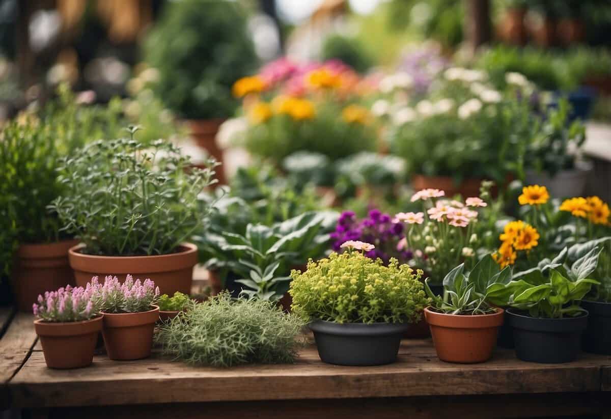 A garden with various plants, herbs, and flowers arranged in an organized and aesthetically pleasing manner, with signs indicating prices for produce and a small stand for selling gardening tools and supplies