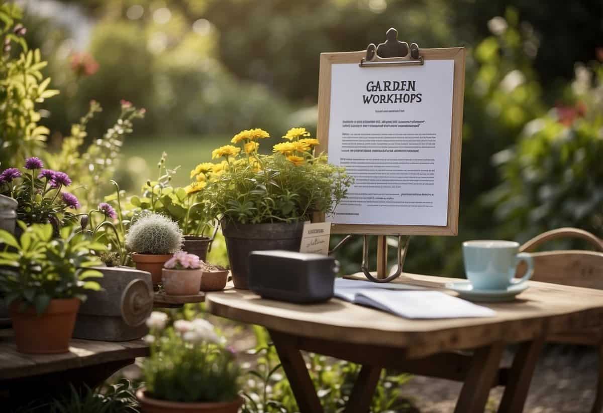 A garden with a sign displaying "Garden Workshops" and "Consultations" with a small table for paperwork and a visible insurance certificate