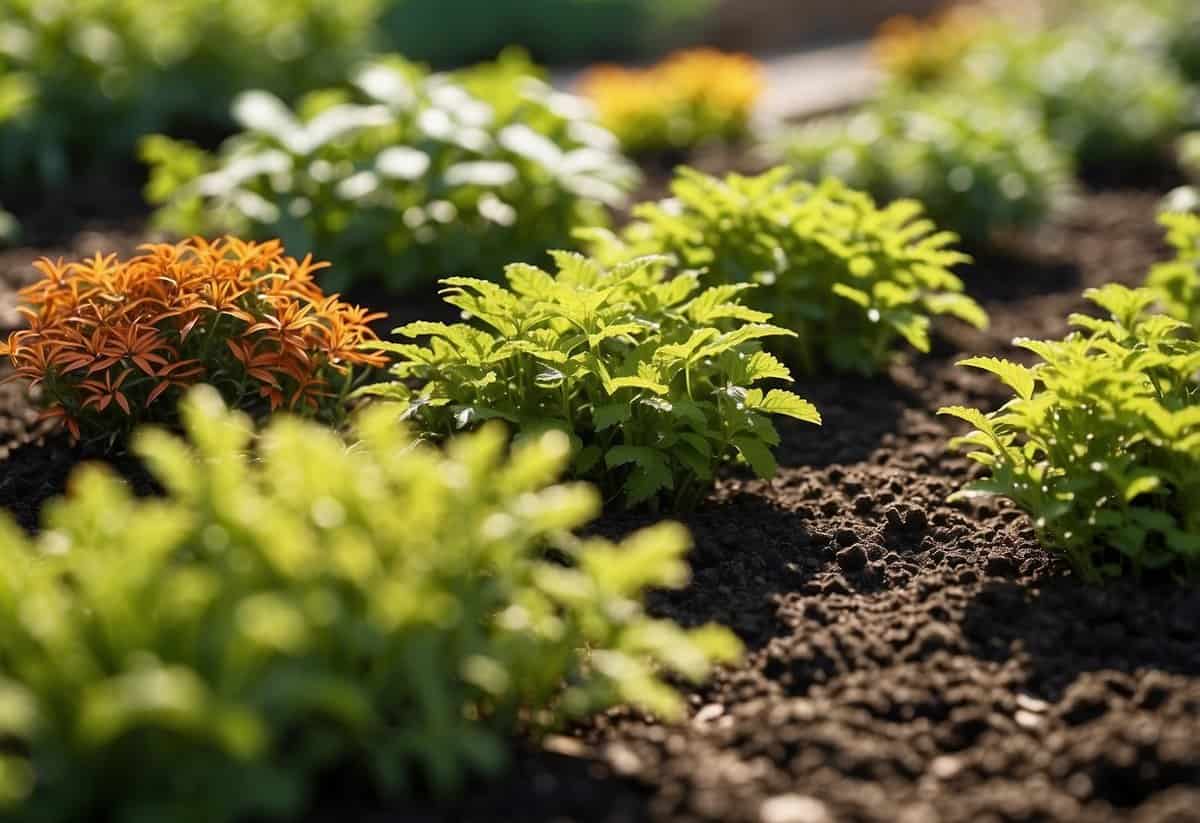 A garden bursting with healthy, vibrant plants of various species, neatly arranged in rows and clusters, with well-maintained soil and a balanced mix of sunlight and shade