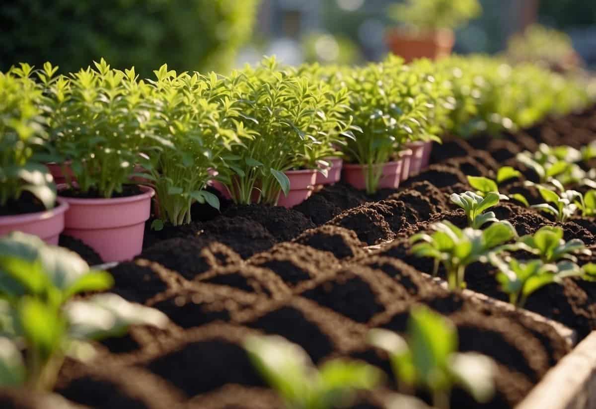 A lush garden with neatly arranged rows of plants, well-maintained soil, and carefully placed gardening tools