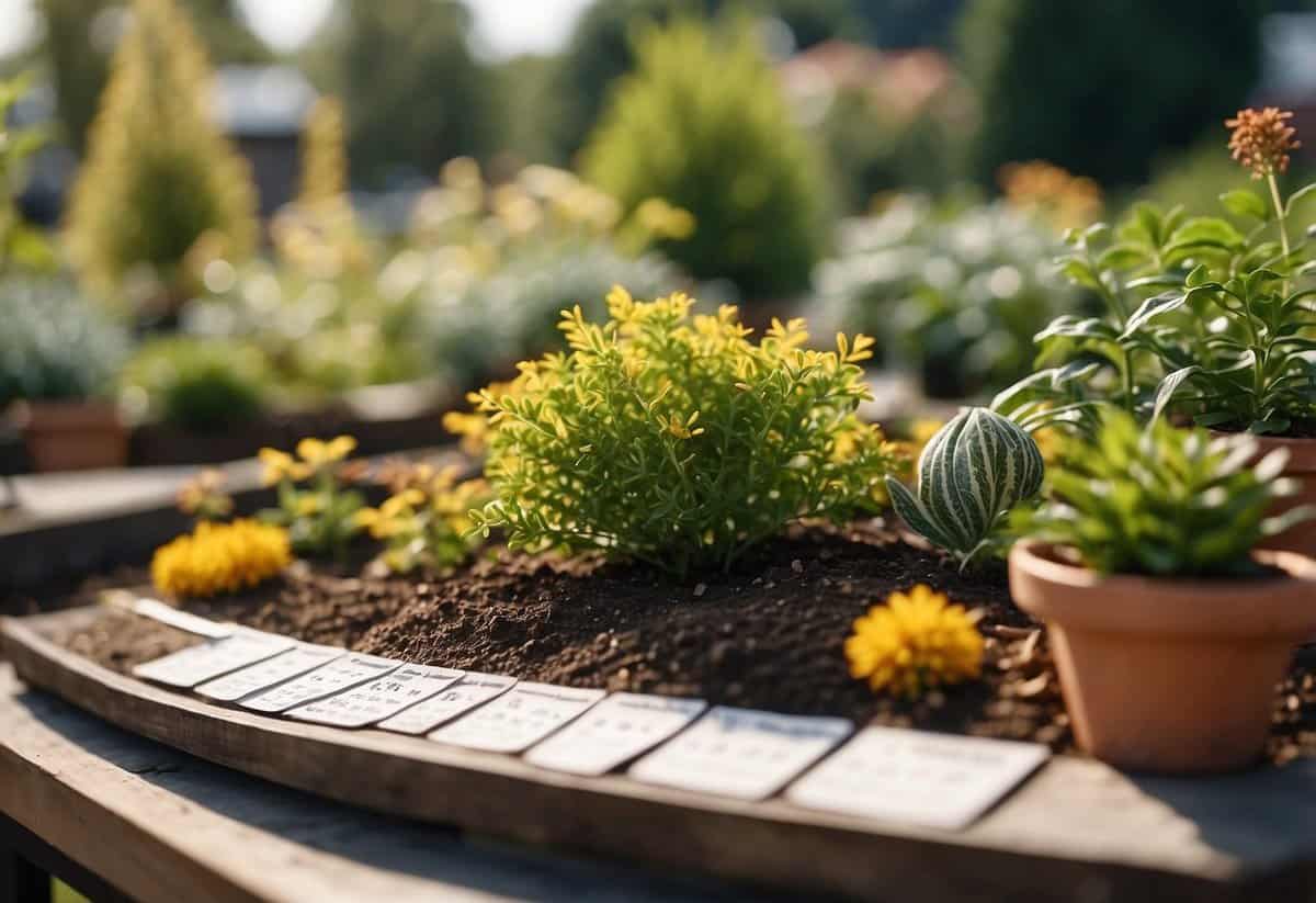 A well-organized garden layout with labeled plant beds and a calendar for planting and harvesting