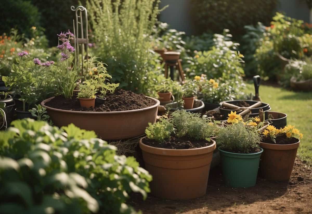 A well-tended garden with thriving plants, neatly arranged tools, and a compost pile, illustrating the qualities of a good gardener: care, organization, and sustainability