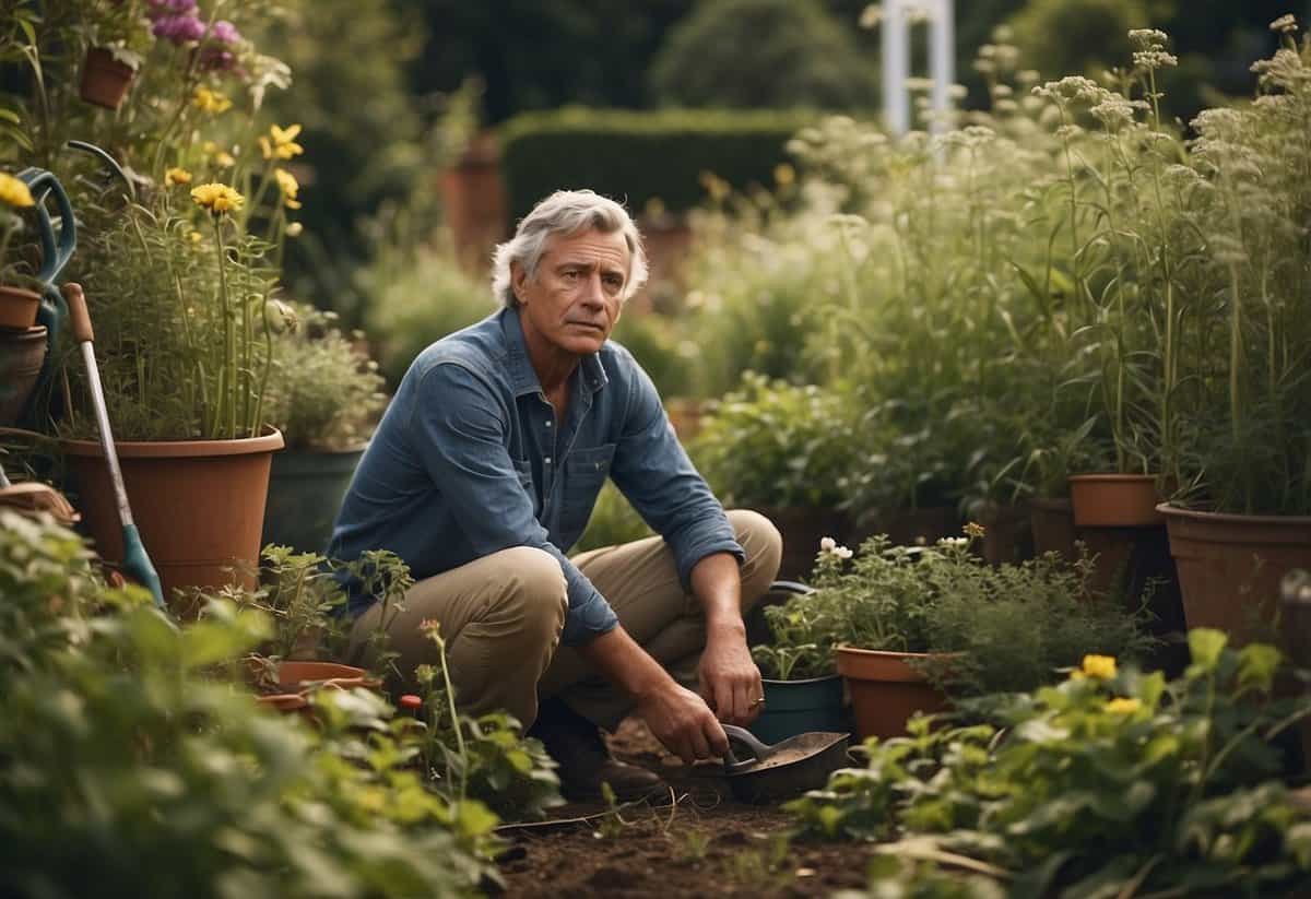 A garden overgrown with weeds, neglected plants drooping. A person looking overwhelmed, surrounded by gardening tools and a pile of unfinished tasks