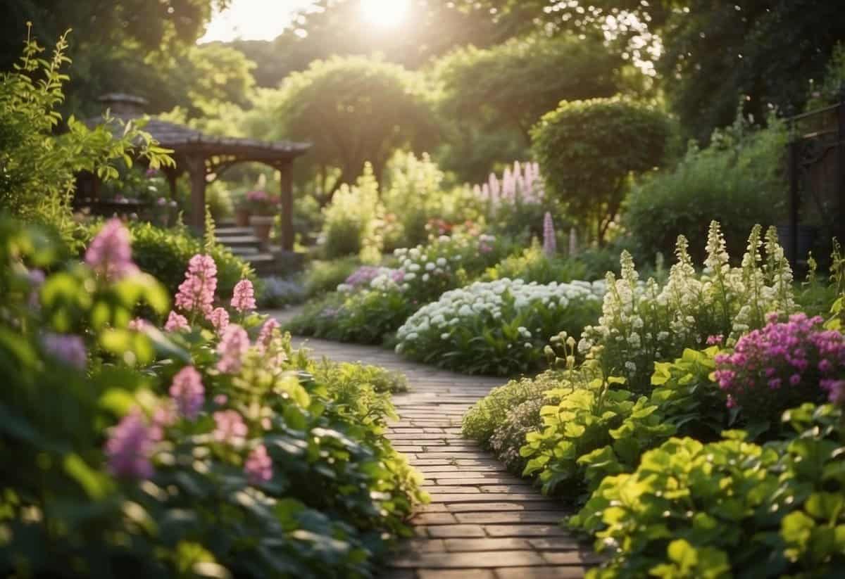 Lush garden with blooming flowers, green foliage, and vibrant vegetables. A peaceful atmosphere with birds chirping and gentle sunlight