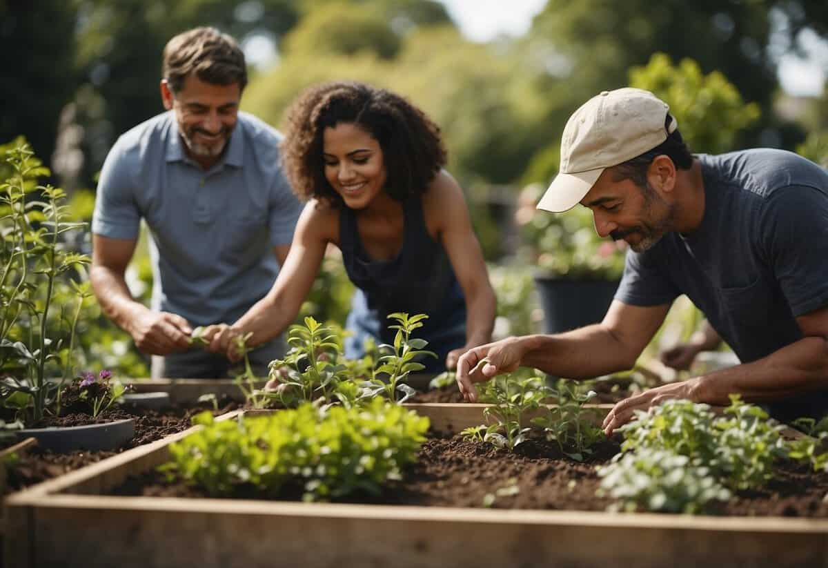 A diverse group tends to vibrant garden beds, exchanging tips and stories