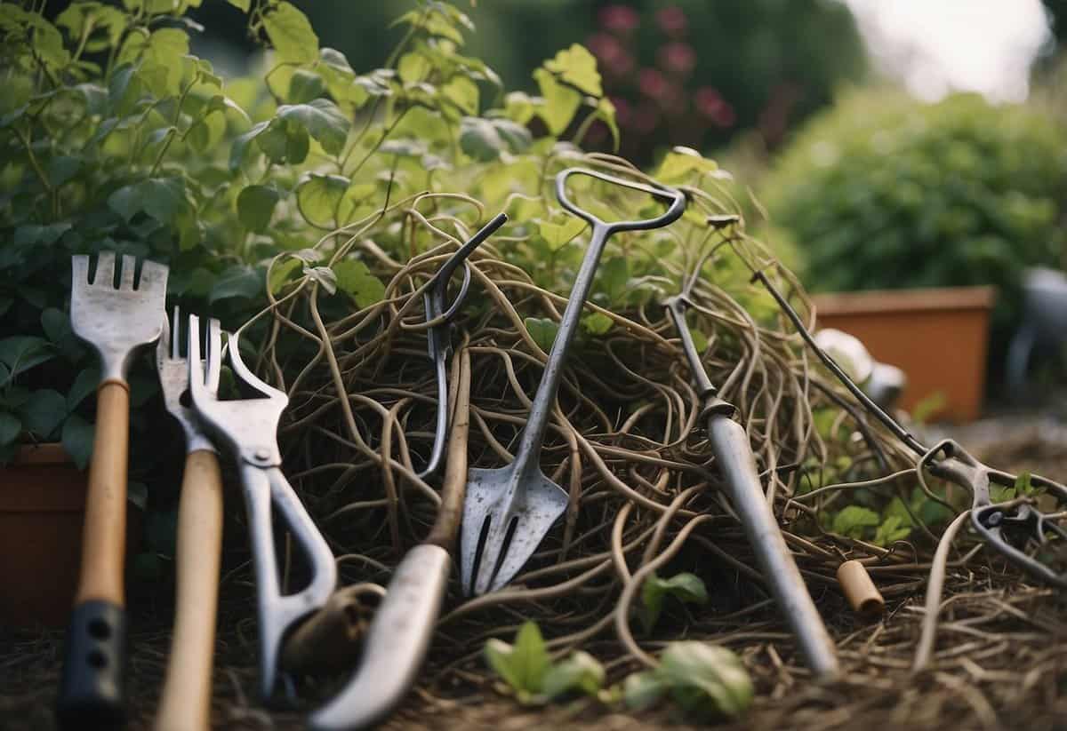 A garden filled with tangled vines and wilting plants, surrounded by scattered gardening tools and a frustrated expression