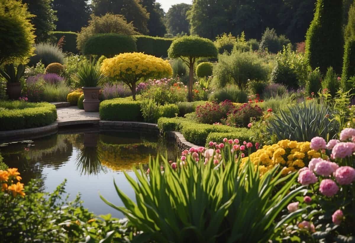 A lush garden with colorful flowers, neatly trimmed hedges, and a variety of vegetables growing in neatly organized rows. Bird feeders and a small pond add to the tranquil atmosphere