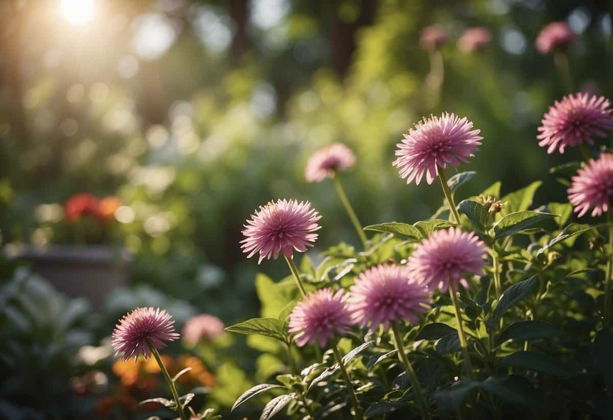 Lush garden with vibrant flowers, fresh herbs, and lush greenery. Sunlight streaming through the leaves, birds chirping, and a sense of tranquility and contentment