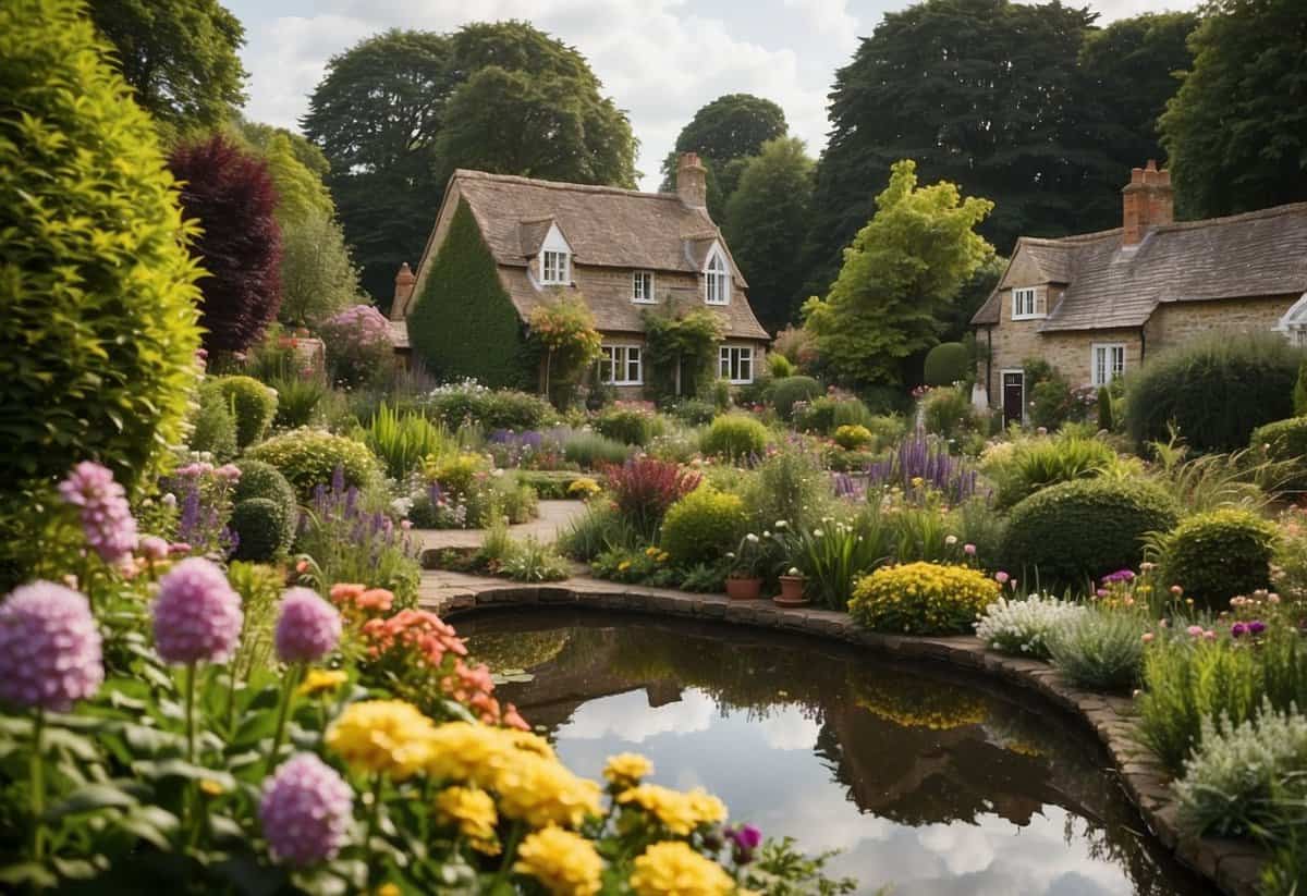 A lush garden with neatly trimmed hedges, colorful flower beds, and a serene pond, surrounded by quaint cottages and a bustling village, showcasing the British love for gardening and its integral role in their cultural and social identity