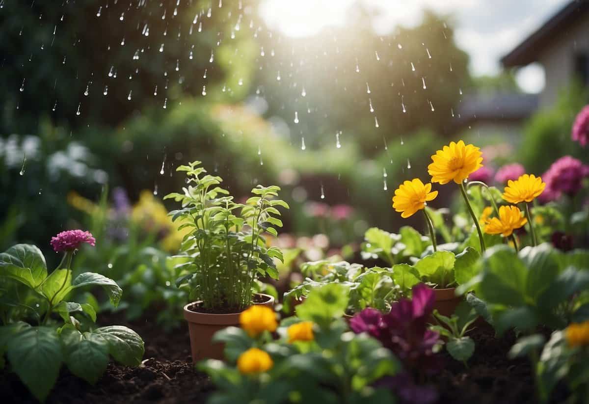 Lush garden with colorful flowers and thriving vegetables. Rain clouds and sunshine alternating. Wind blowing through the leaves