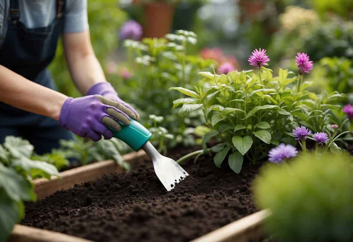 A variety of gardening tasks: planting, watering, weeding, and harvesting, all taking place in a lush, vibrant garden setting