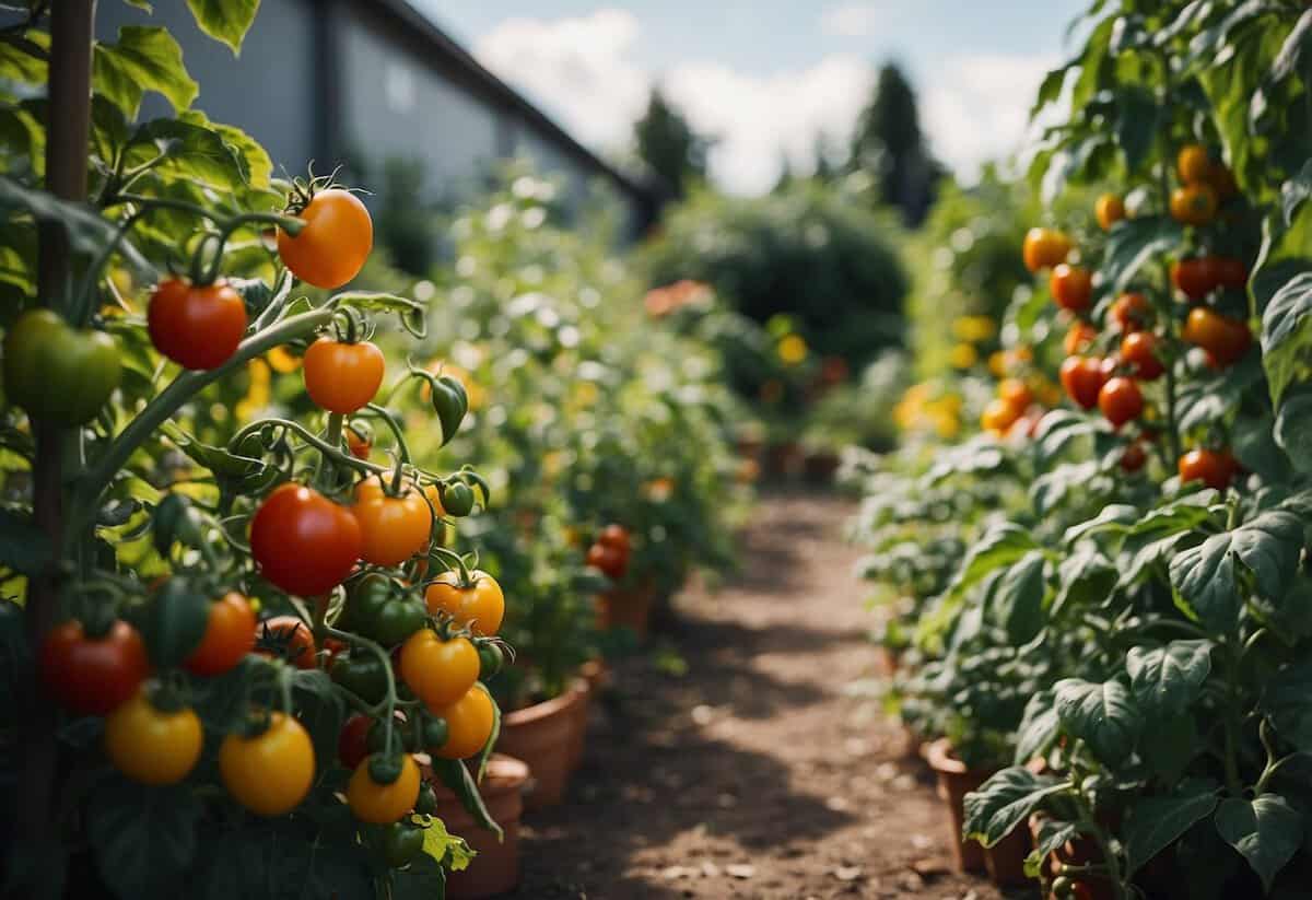 Lush garden with tomatoes, peppers, and sunflowers. Vibrant colors and healthy plants