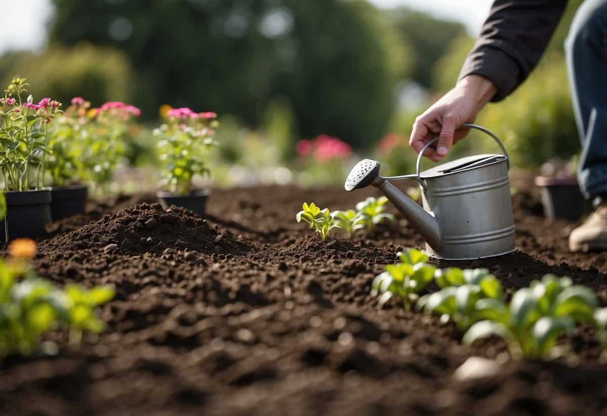 A garden plot being tilled and prepared with gardening tools, seeds and plants being carefully placed in the soil, and a watering can nearby